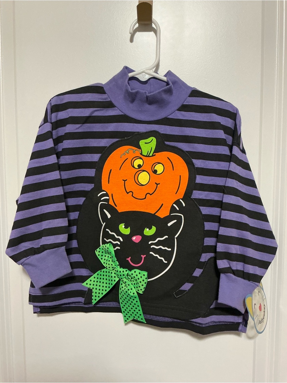 Vintage Pattycakes 2T Purple/Black Striped Kids Top with Pumpkin and Cat Graphic